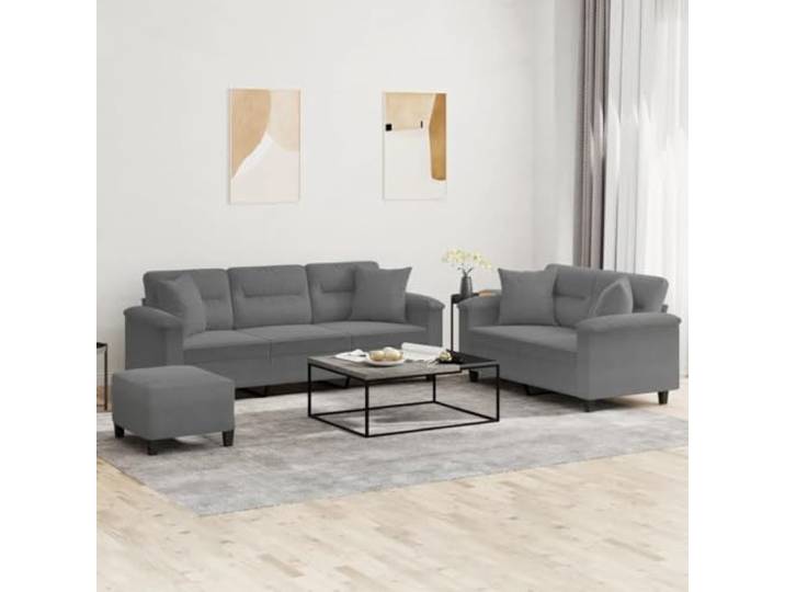 HEFZGDB 3-TLG. Sofagarnitur mit Kissen Dunkelgrau Mikrofasergewebe Langlebiges Polstermöbel Robuster Metallgestell Bequeme Sitzflächen Quadratische Zierkissen Vielseitiger Fußhocker