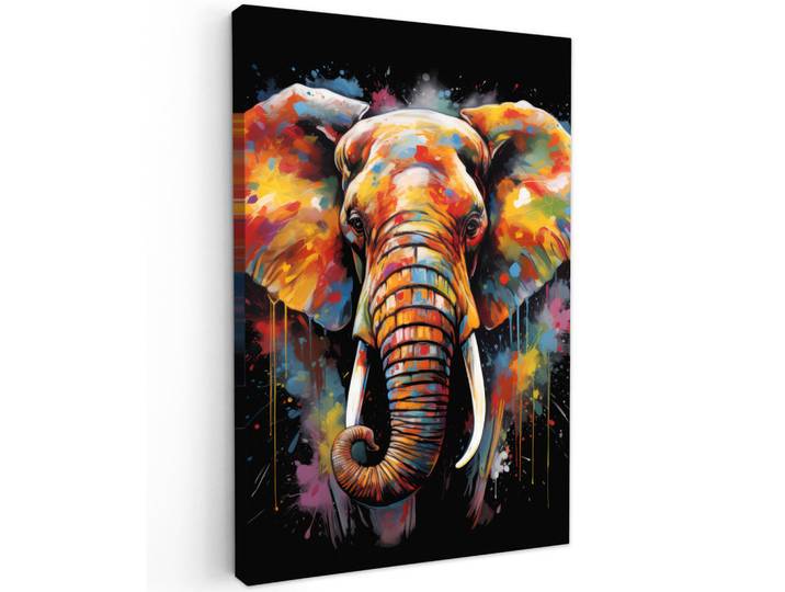 MuchoWow Leinwandbild - Elefant - Graffiti - Schwarz - Tiere - Farben - 60x90 - Kunstdruck, Textil, Kiefer, Abstrakt, Rechteckig, 60x90 cm, gerahmt, Bilder & Rahmen, Bilder, Wandbilder