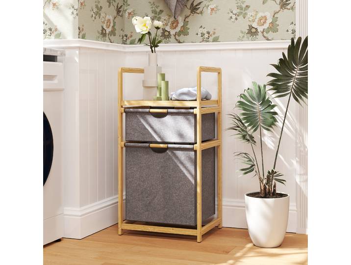 HOMCOM Panier à Linge Bambou 2 Sacs Coulissants avec Étagère