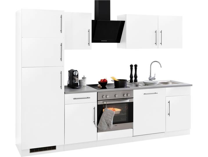 Küchenzeile, Holzwerkstoff, Weiß Glanz mit Canvas Grau 280×60 cm, Mit E-Geräten, Modern