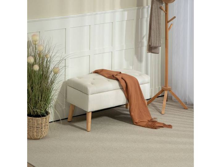 Cocosity Banc De Rangement Coffre De Rangement Tissu Effet Velours Pieds En Bois Charge Max. 120 Kg 80 X 35 X 42 Cm Crème