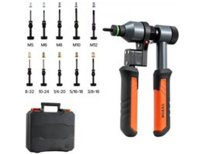 VEVOR Nietmutternzange Set 21 cm, Ratschen Nietzange mit 10 Dornen & 100 Muttern in metrischen und SAE-Größen M5, M6, M8, M10, M12, 8-32, 10-24, 1/4-20, 5/16-18, 3/8-16 UNC, inkl. Tragekoffer