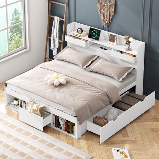 Zweisitziges Bett, 140x200cm, mit USB-Anschluss & Ladefunktion & Aufbewahrungsbox, Kinderbett, Jugendbett, multifunktionelles Bett, großes Aufbewahrungsgefach, ohne Matratze, weiß