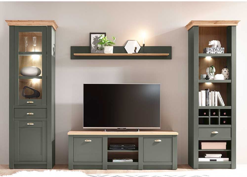 Pharao24.de Wohnzimmer Anbauwand in Graugrün und Wildeiche Optik Landhausstil (vierteilig)