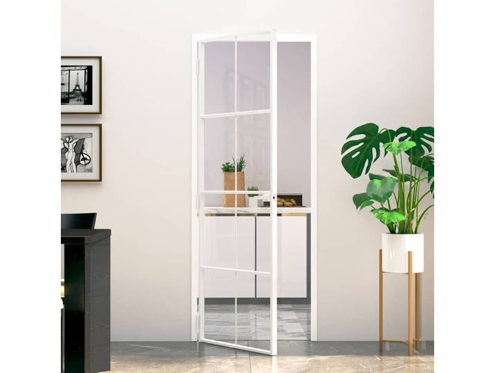 vidaXL Innentür Weiß 76x201,5 cm Hartglas & Aluminium Schlank