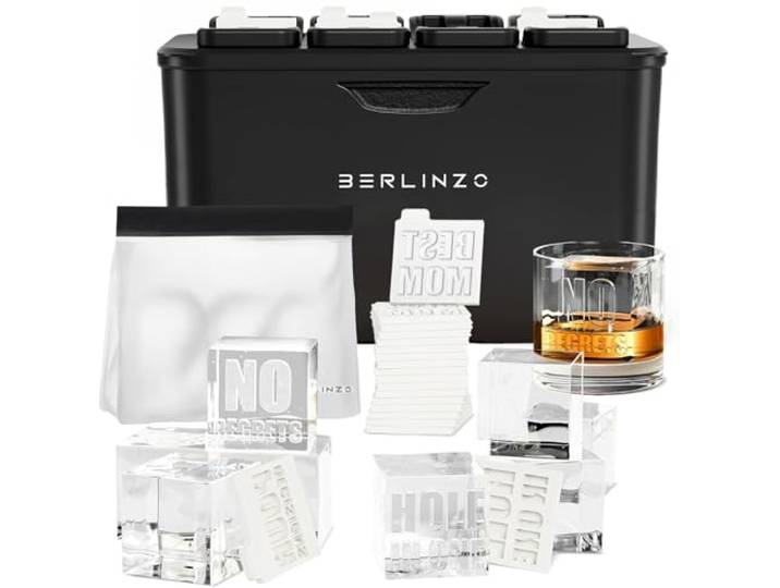 Berlinzo Transparente Eiswürfelform – 8 Whiskey-Quadrate à 5,3 cm, nicht Silikon, BPA-frei, Gesprächsdrucke, langsam schmelzen, leicht zu lösen, 8 Stück, Bourbon und Cocktails