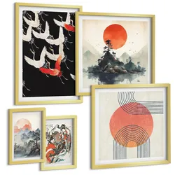 BILDER SET 5er Set - 50x50 cm & 20x30 cm & 40x60 cm Goldrahmen - Asiatische Landschaften Japandi