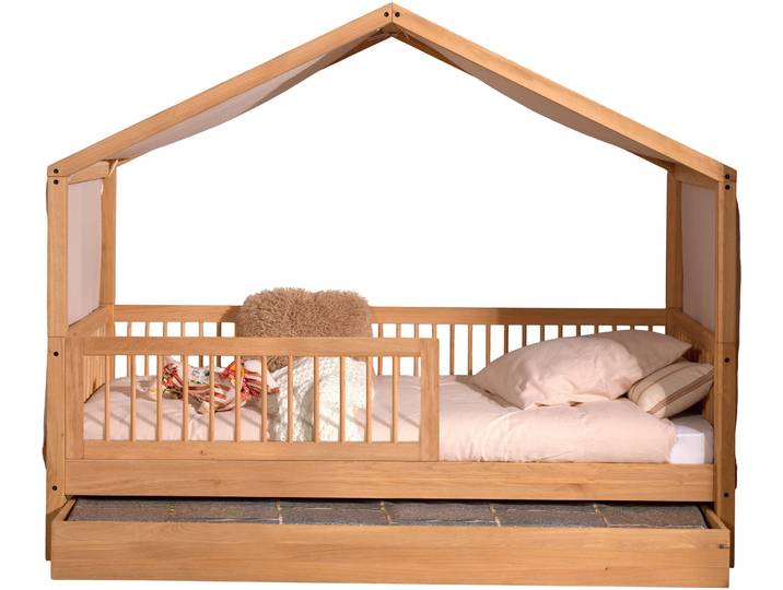 Hausbett, Eiche Natur Geölt, 90x200 cm, Massivholz, Mit Dachaufbau & Rausfallschutz, Klassisch, Home-affaire