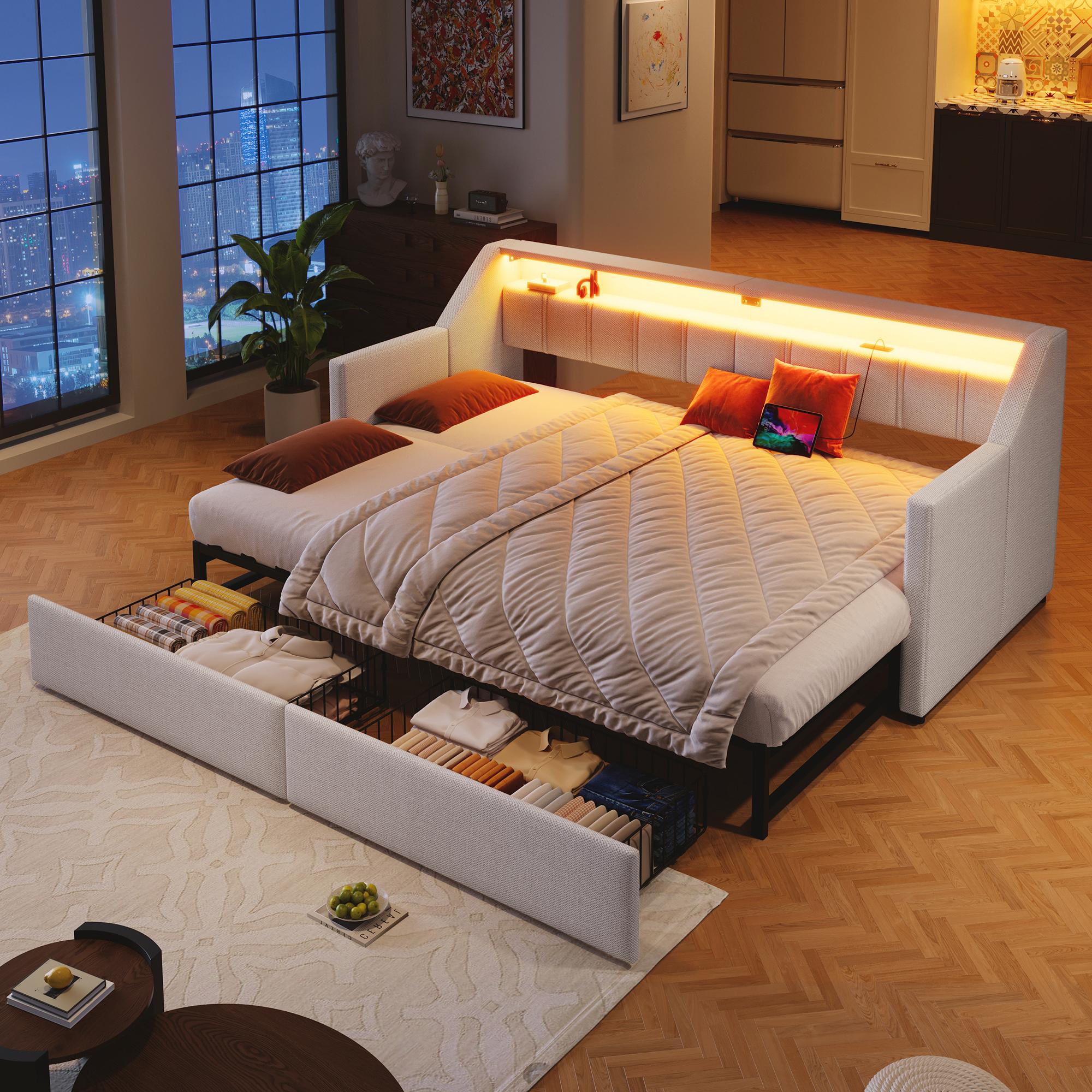 Sweiko Daybett, Tagesbett, Schlafsofa,90 x 200cm, Mit USB und Type-C, LED-Leiste mit Fernbedienung, Mit 2 Schubladen, Stauraumtaschen, Multifunktionales Ausziehbett , Ohne Matratze, Beige