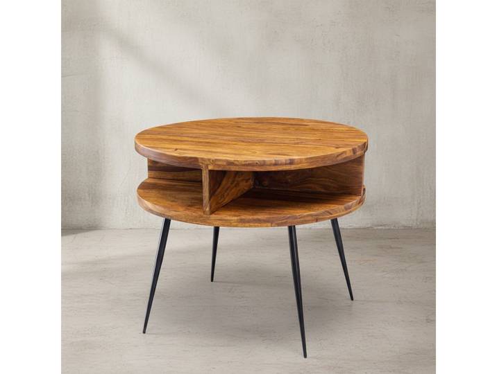 KADIMA DESIGN Couchtisch Runder Massivholz-Kaffeetisch mit 4 Ablagefächern, rustikaler Charme