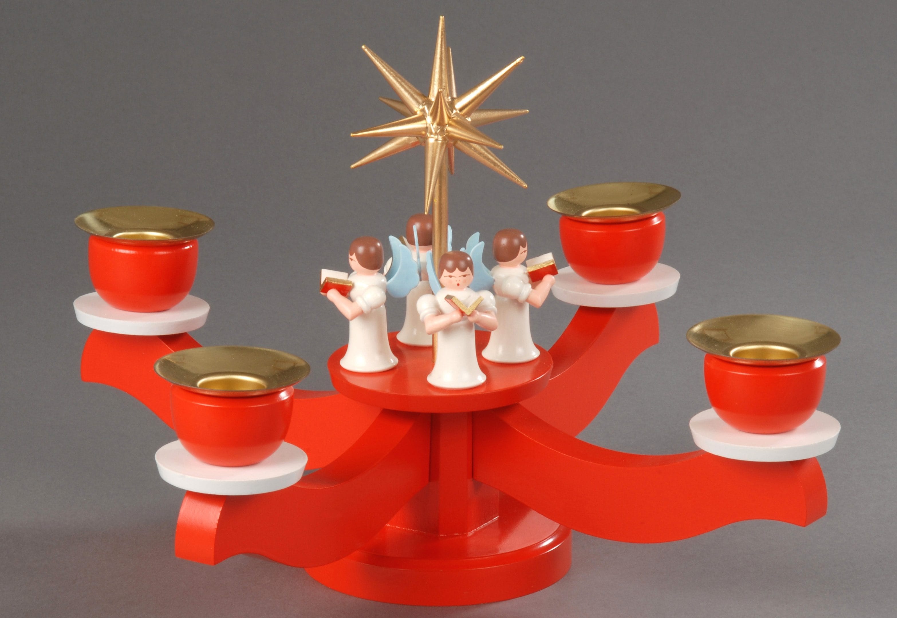 Adventsleuchter ALBIN PREISSLER "mit 4 stehenden Engeln, Handwerkskunst aus dem Erzgebirge", rot, B:22cm H:19cm T:22cm, Massivholz, Kerzenhalter, Adventsleuchter, Weihnachtsdeko aus Holz rot B/H/T: 22cm x 19cm x 22cm