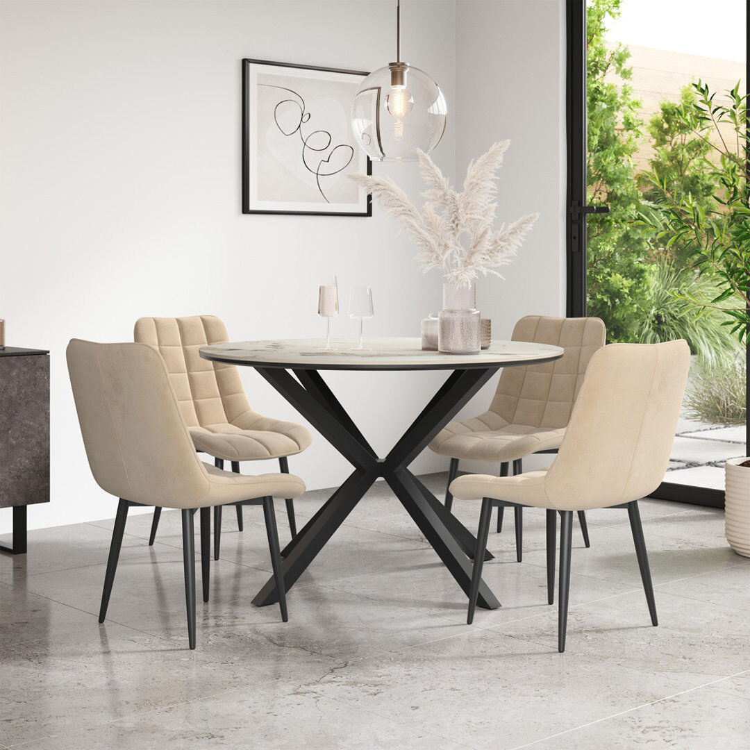 Brayden Studio Calne 120cm Round Calcutta Gold Marble Effect Ceramic Dining Table Set with 4 Nova Velvet Chairs Beige