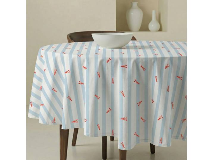 Nappe ronde antitache 100 % coton bleu et blanc diamètre 190 cm