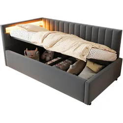Polsterbett Schlafsofa 90x200 cm mit LED-Beleuchtung und hydraulischem Stauraum – klassisches Design in Grau