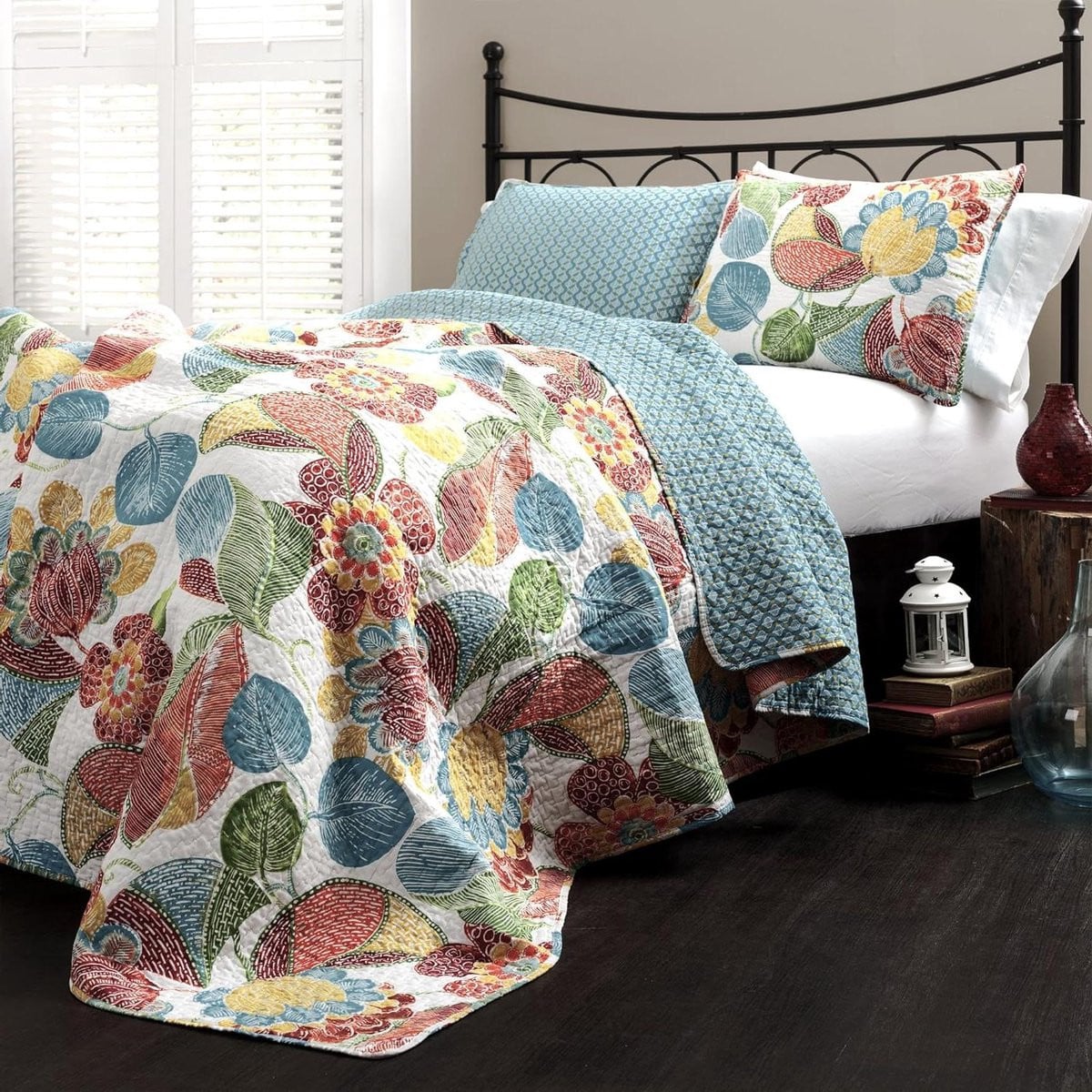 Omkeerbare Dekbed Quiltset Queen Size - Oranje Blauw - Beddengoed Set