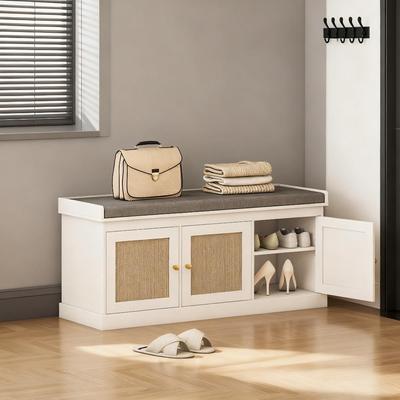 Kodotan sofa Shoe Storage Bench with Woven Rattan Doors, Shoe Bench with Cushion