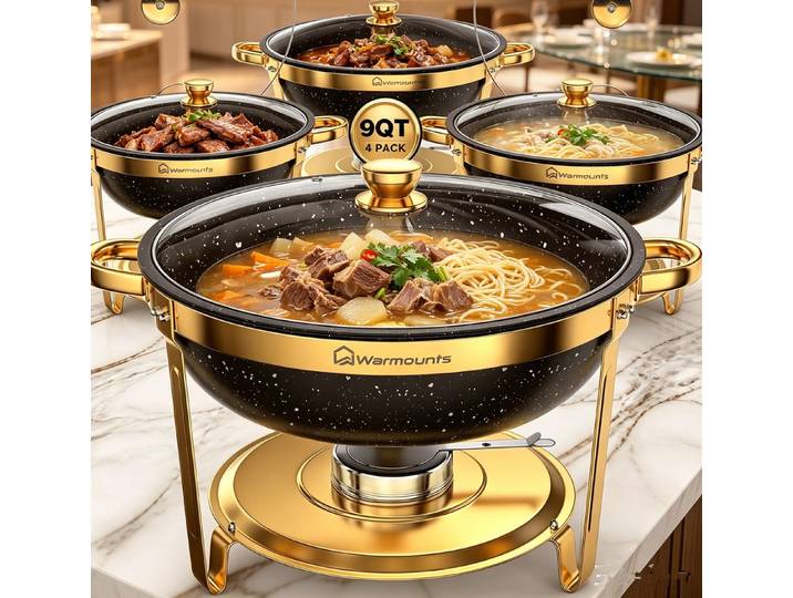 Warmounts Speisenwärmer 8,5L Elegant Chafing Dish Speisenwärmer Set Rund Schwarz+Gold, (4-tlg., Buffet Warmhalter-Set Maifanite-Beschichtung), für Hochzeit, Party, Catering