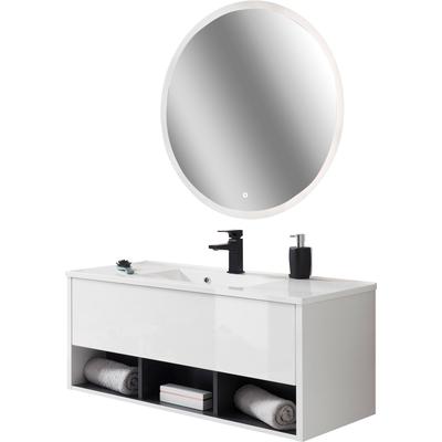 Badmöbel-Set HOME AFFAIRE "Studio Line, Bad im modernen Design, 2-teiliges Badezimmer", weiß (weiß, weiß, applikation anthrazit), Spiegel rund, Kastenmöbel-Sets, Badmöbel-Set, Waschtisch und Spiegel, in zwei Farben verfügbar