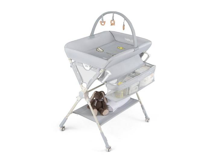 COSTWAY Wickeltisch Wickelkommode Klappbar mit Spielbogen, 3-stufig höhenverstellbar, mit Rollen