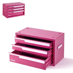 VEVOR Werkzeugkasten mit 3 Schubladen Tragbarer Metall-Werkzeugkoffer Rosa, Werkzeugkiste zur Aufbewahrung für Werkstatt Garage Büro Zuhause, Stahlrahmen, 280x150x166mm, mit Schutzeinlagen & Magneten
