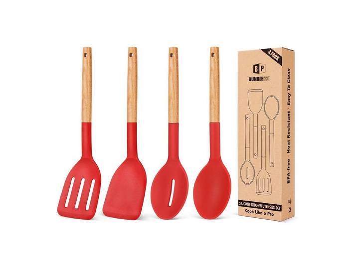 LuxusKollektion Kochlöffel Silikon Kochset Holzgriff rot 4-tlg