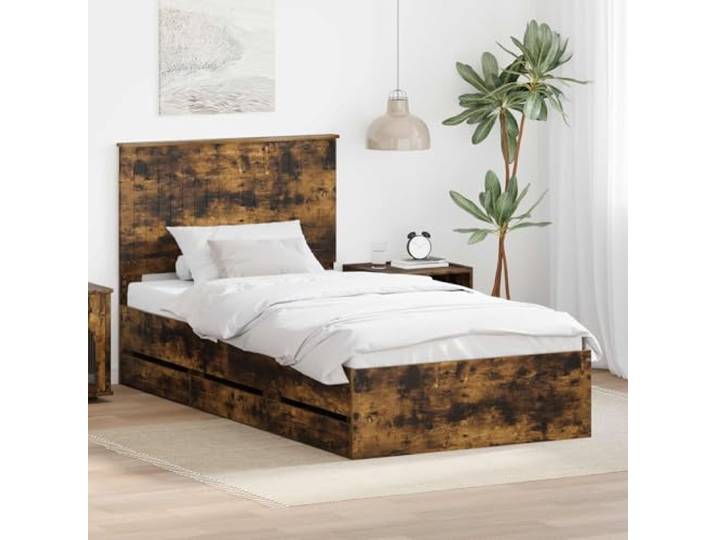 RJPLMFV Bettgestell, Raucheiche, 100 x 200 cm, Holz Freistehend, inkl. Latten, versteckte Schubladen, einfache Pflege, modernes Design