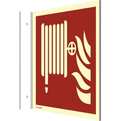Fahnenschild Löschschlauch ISO 7010, Kunststoff, nachleucht., 160-mcd,148x148 mm
