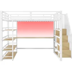 OKWISH Hochbett aus Metall und MDF, Weiß, 254,8x148x170 cm, mit Schreibtisch, Regal und Stauraum