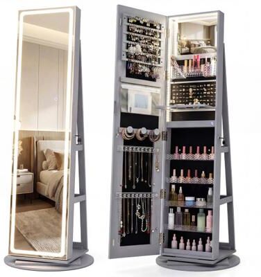 Costway Standing Jewelry Cabinet with Adjustable LED Lights-Gray