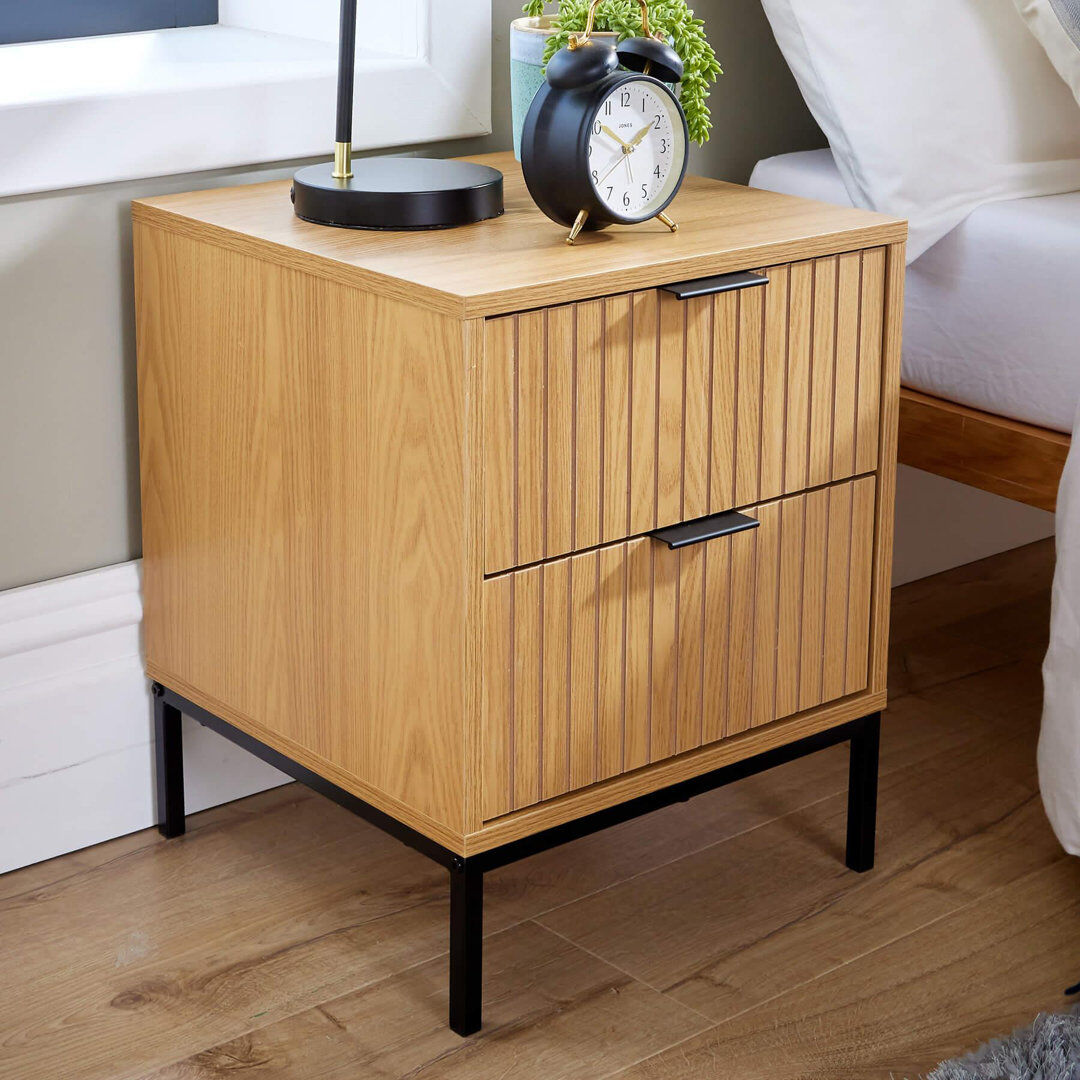 Alpen Home Crevan 2 Drawer Industrial Bedside Table Unit - Natural Brown 50cm H X 40cm W X 39.5cm D