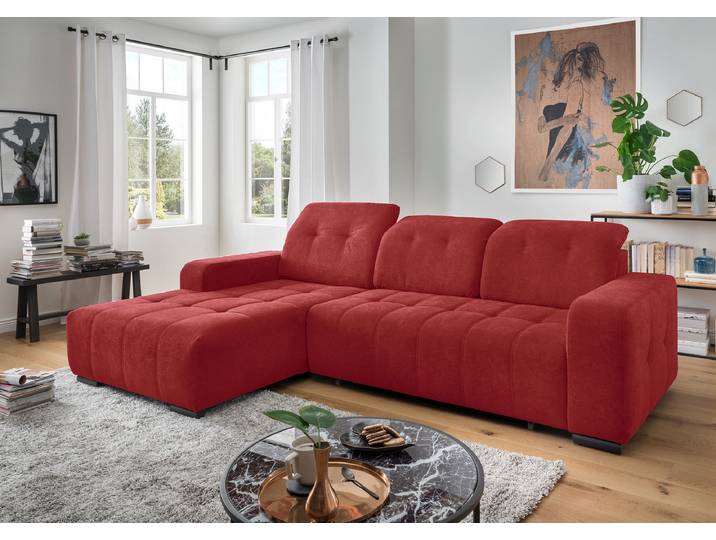 Ecksofa mit Sitztiefenverstellung Rot Webstoff Jimin 290 x 102 x 185cm Longchair davorstehend links Modern