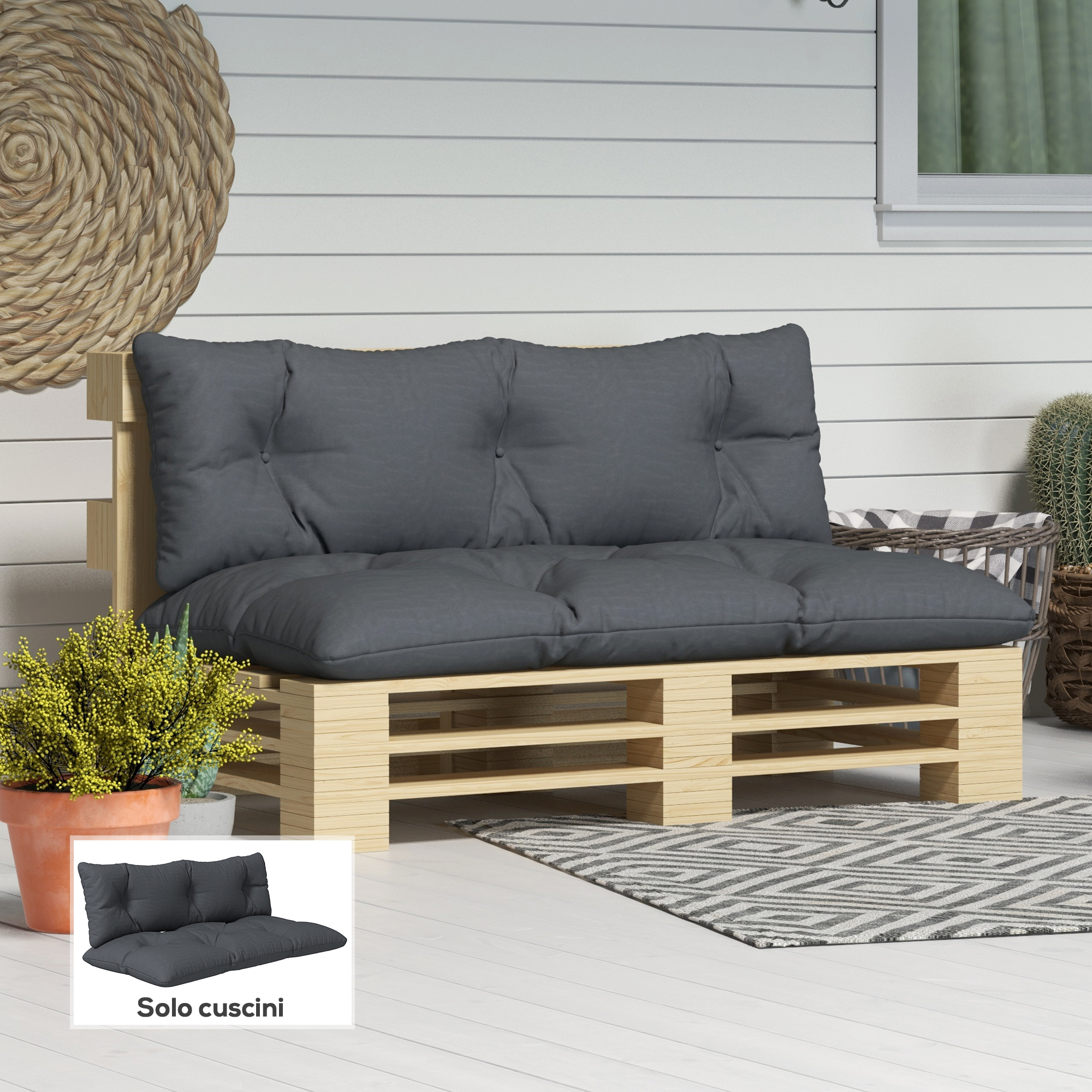 Outsunny Set 2 Cuscini da Giardino per Divani e Pallet in Poliestere con Imbottitura Spessa, Grigio Carbone