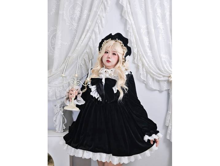 Robe Lolita en velours douce, robe de princesse japonaise Lolita pour fête du thé, robe à manches longues en dentelle
