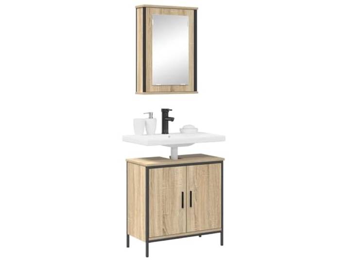 SKTQYQO Badezimmermöbel-Set, 2-teilig, braun, Holz, mehrschichtig Mit Spiegel und Regal, Scharniertüren, schwarzen Griffen, Stahlrahmen