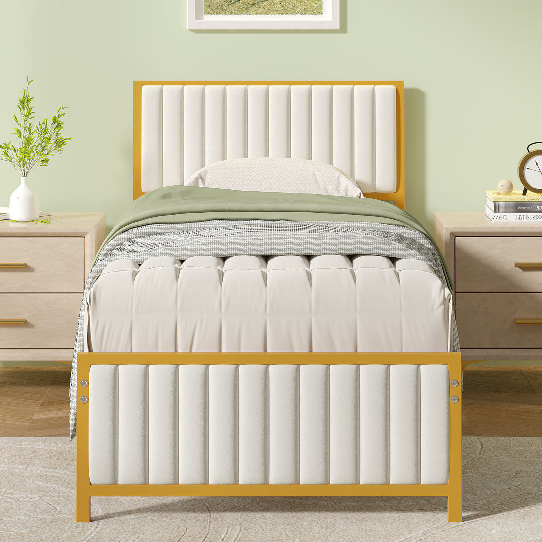 Fairmont Park Metal Platform Bed Frame With Upholstered Headboard And Footboard, Heavy Duty Steel Slats Platform Bed, No Box Spring Needed Beige Single (3')