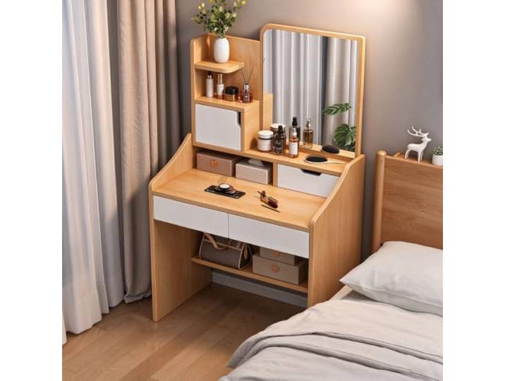 Schminktisch mit Spiegel, Schubladen und offenen Ablagefächern Multifunktionaler Schminktisch für das Schlafzimmer,stabile Tragfähigkeit,abgerundetes Eckendesign,für Frauen(70cm/27.6in)