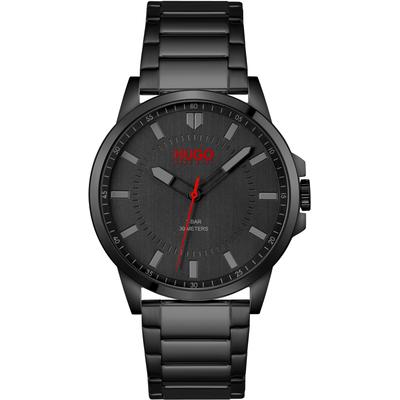 Quarzuhr HUGO "FIRST", schwarz (schwarz, schwarz), Armbanduhren, Herren, Quarzuhr, Armbanduhr, Herrenuhr, Mineralglas, Edelstahlarmband