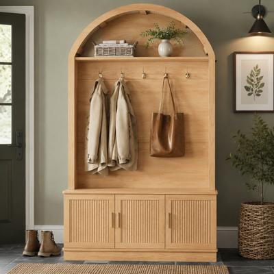 Fundinbaths Farmhouse Hall Tree with Bench, Fabric Arched Top, 5 Metal Hooks, Fluted Door Storage Cabinet, Adjustable Shelves