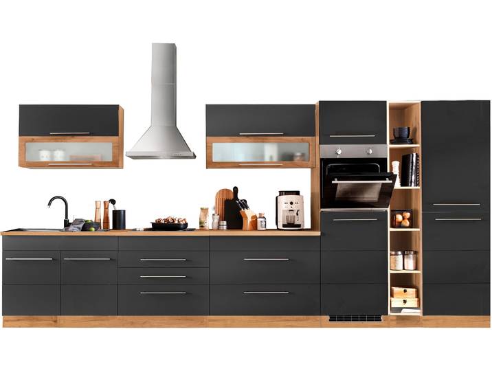 Küchenzeile KOCHSTATION KS-Wien , schwarz (küche: grau, front: anthrazit, korpus: wotaneichefarben, arbeitsplatte: wotaneichefarben), B:430cm T:60cm, Komplettküchen-Sets, Küchenzeile, Breite 430 cm, wahlweise mit E-Geräten und Induktion