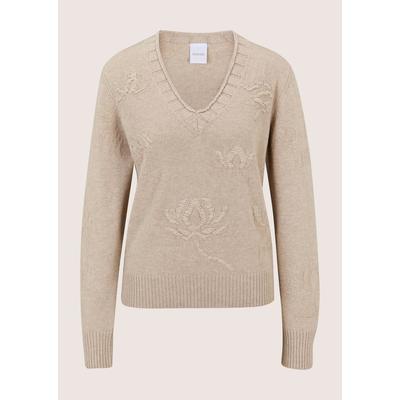 Longpullover MADELEINE "Kaschmirpullover Eleganter Strickpullover mit floralem Design", Damen, Gr. 40/42, beige, Pullover Longpullover, florales Strickmuster