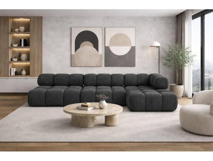 Kaiser Möbel Ecksofa Modulare L-Form, Bouclé-Stoff Abriamo, Graphit, Rechts, Selia
