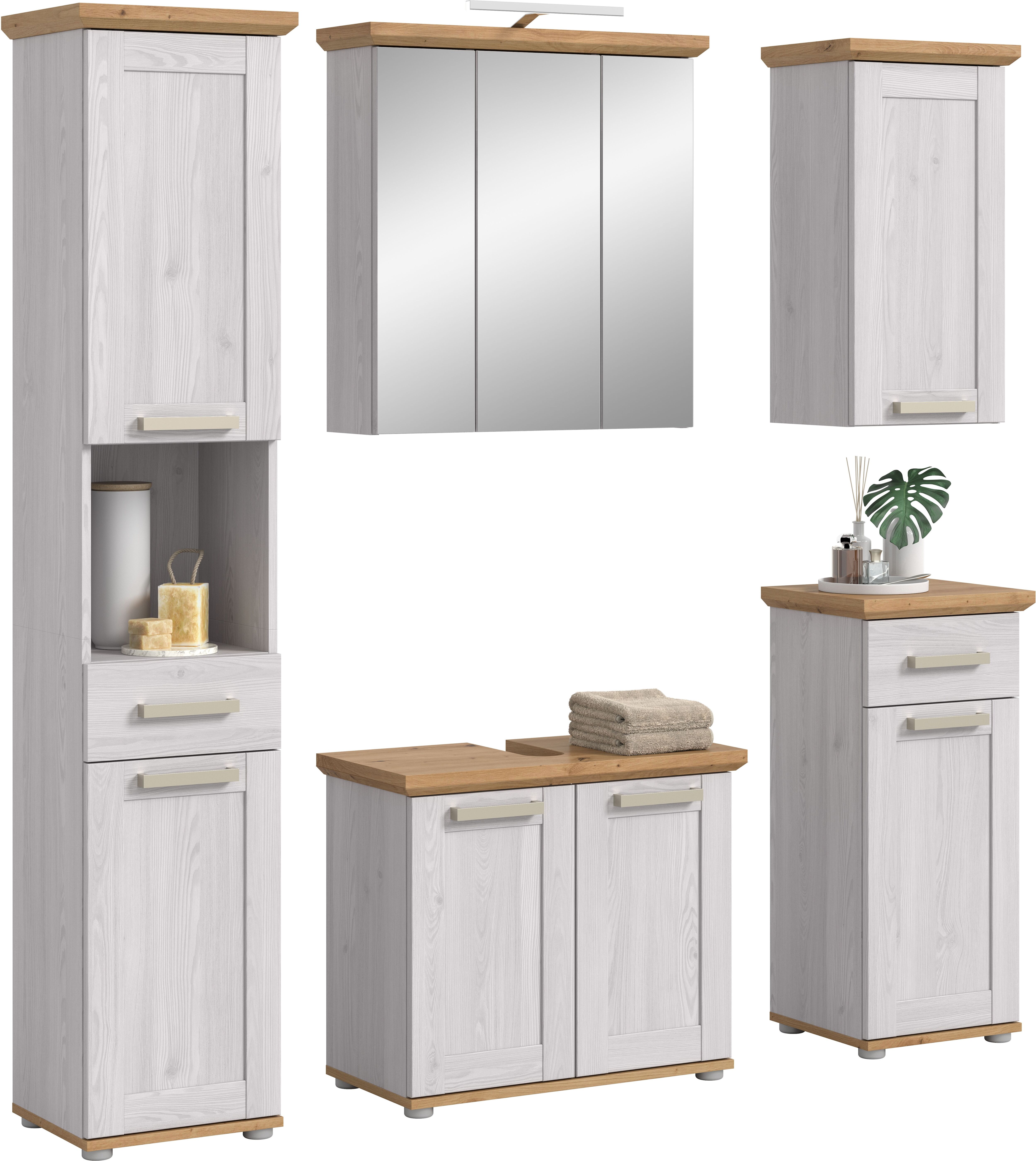 Badmöbel-Set WELLTIME "COSENZA, 5-teilig, inkl. Beleuchtung, mit farblich abgesetztem Kranz", weiss (sibiu lärche nachbildung), B:180cm H:187cm T:34cm, Kastenmöbel-Sets, Badmöbel-Set, Bad-Kombination, Badezimmer, Kombi, Bad, Bad-Möbel sibiu lärche nachbil