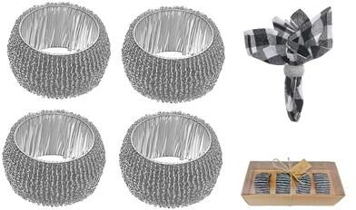 IH Casa Decor 4PC Beaded Napkin Ring With Craft Box Silver