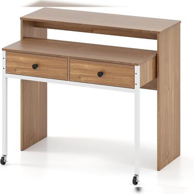 COSTWAY Extendable Desk with 2 Drawers, Desk with 2 Wheels, Small Dressing Table, Console Table, Bedroom