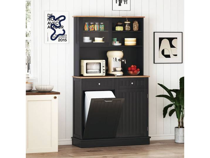 GIANTEX Buffet de Cuisine à Poubelle Inclinable 2 Tiroirs Portes Coulissantes en Verre Armoire de Rangement 100x34x172cm Noir