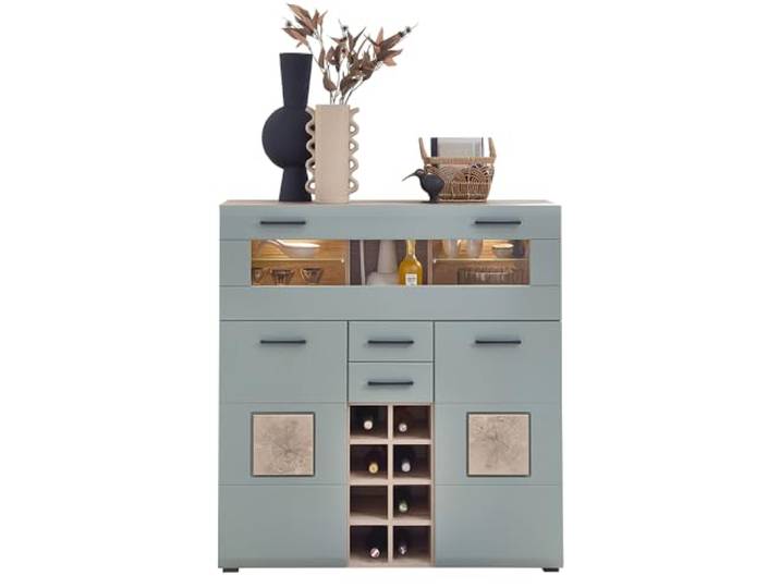 Lomadox Vitrine Barschrank mit Beleuchtung, Eiche mit Schilfgrün