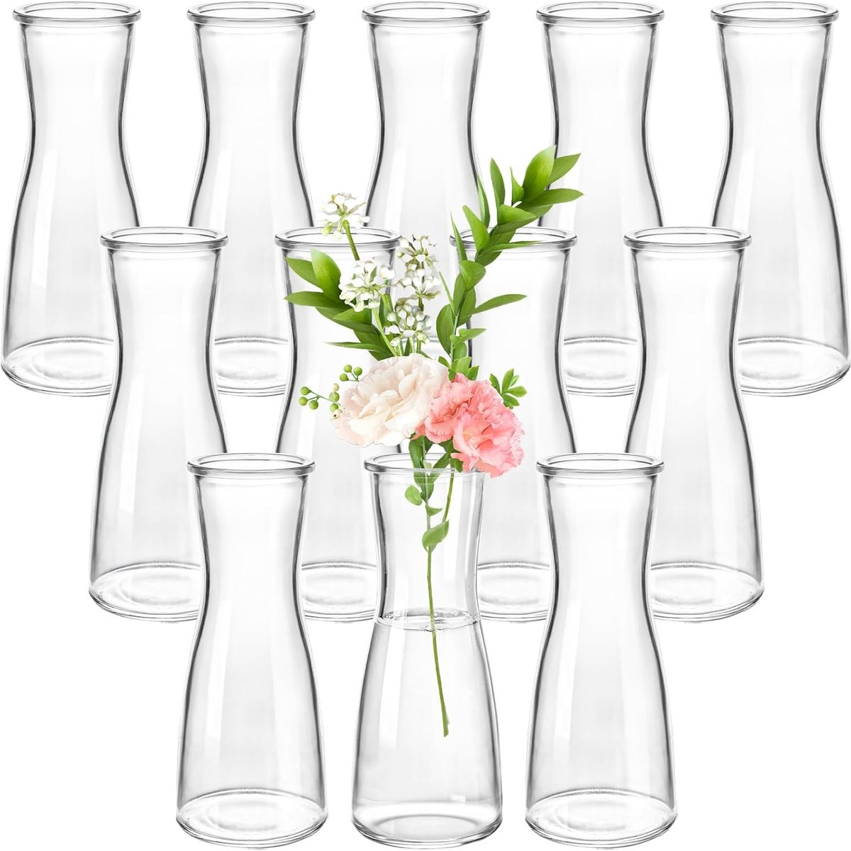 Set van 12 minimalistische glazen knopvazen in doorzichtige kleur voor decoratie en bloemstukken