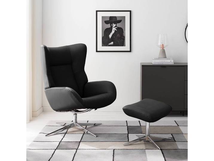 home24 Relaxfauteuil Salla zwart/zwart echt leer Daleb 70 x 100 x 85cm