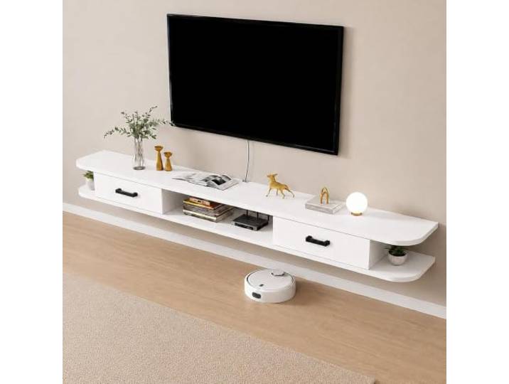 DMYKVJG TV Schrank Hängend Holz, Medienkonsole Mit Kabelmanagement An Der Wand Fernsehschrank, Abgerundete Ecken, TV Board 2 Offene Schubladen, Das Wohnzimmer(White,78.7 /200cm)