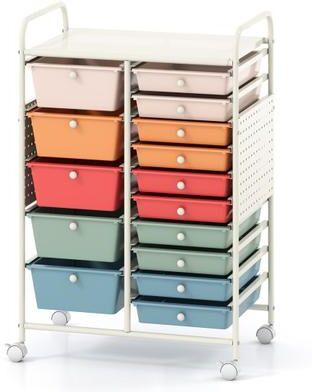Costway 15-Drawer Rolling Storage Cart with Metal Tabletop and Pegboard-Macaron
